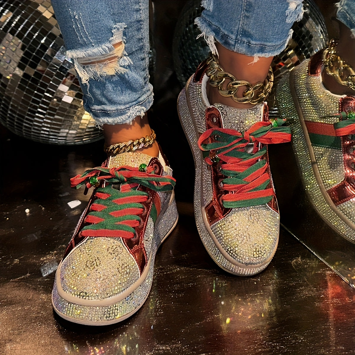 Women'S Fashion Sneakers - Sparkling Glitter Design, Comfortable Low Top Lace-Up Shoes with Red and Green Laces, All-Season Casual Streetwear, Casual Streetwear Sneakers | Glittery Sneakers | Synthetic Sneakers
